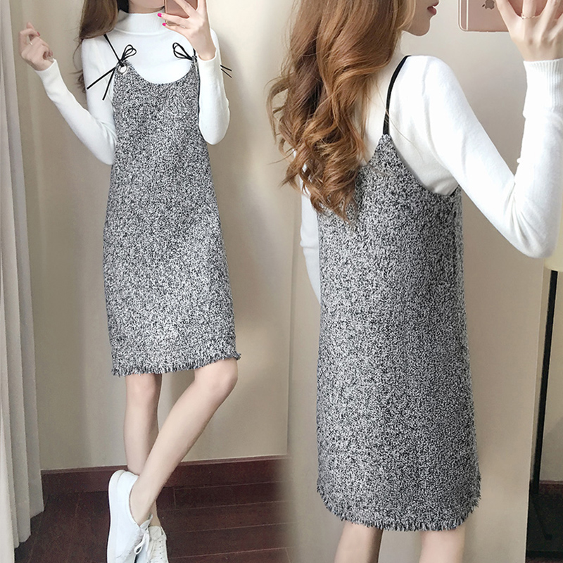 2017秋鼕新款韓版女裝潮時尚加厚連衣裙套裝針織毛衣背帶裙兩件套