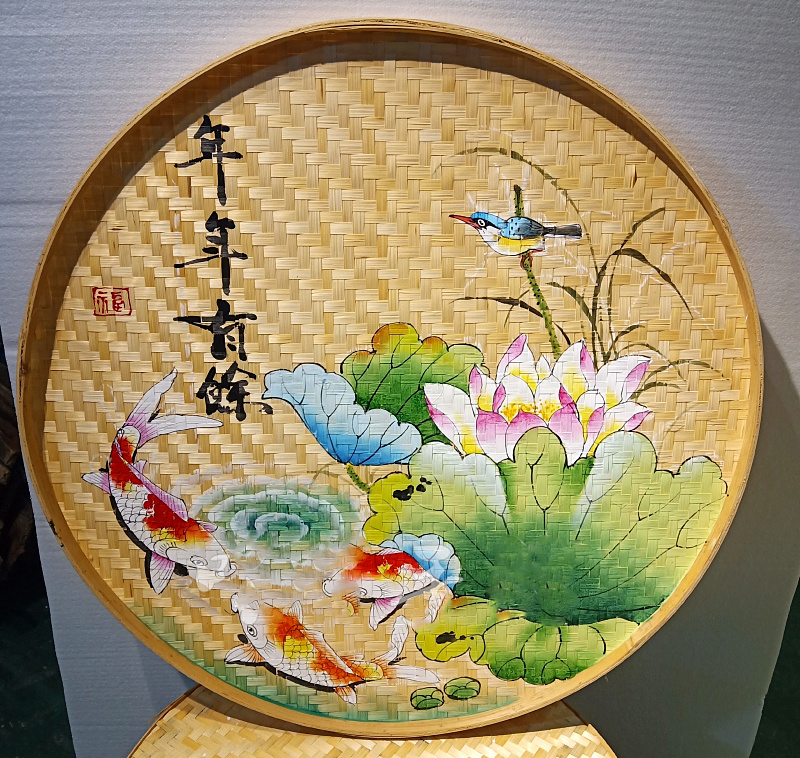 手绘竹筛子簸箕画成品农家乐装饰墙面墙壁挂件饭店餐馆竹编挂饰品