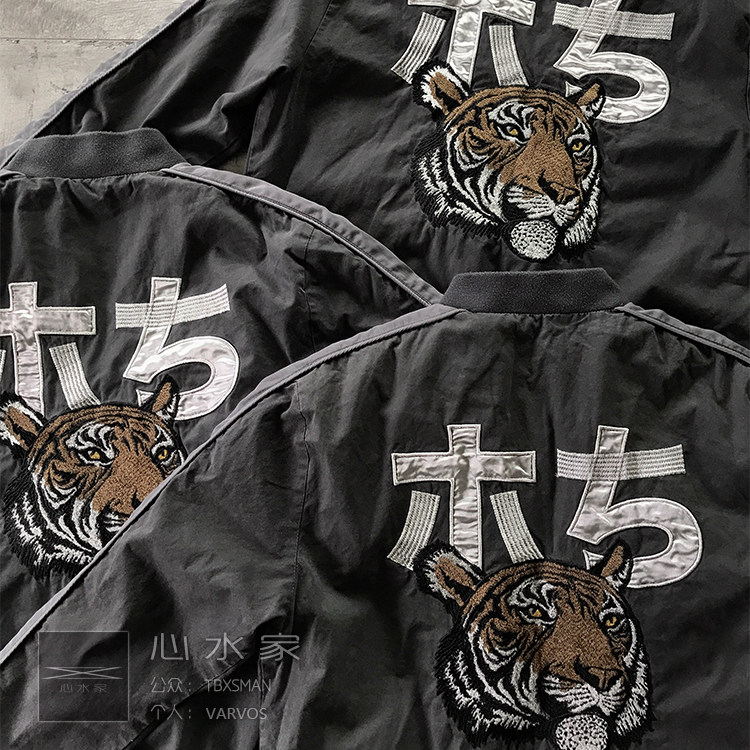 德系小众万针刺绣老虎头重工复古水洗棒球夹克虎年外套