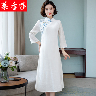 中国风禅意茶服女春夏季复古风汉服长款旗袍改良版仙气白色连衣裙