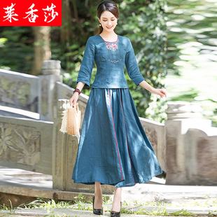 民族风复古女装亚麻七分袖T恤中国风唐装刺绣棉麻上衣半身裙套装