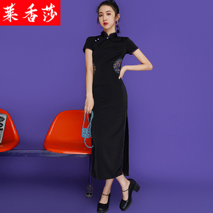 改良旗袍黑色修身高开叉长款女夏复古民国风老上海日常可穿连衣裙