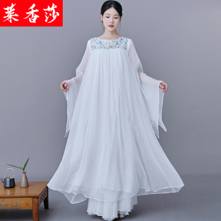 白色禅舞服中国风禅意女装茶服禅服古风宽松飘逸雪纺连衣裙两件套