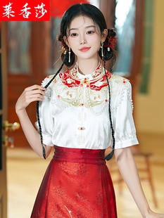 马面裙搭配的上衣夏季短袖白色衬衣改良汉服女新中式国风刺绣衬衫