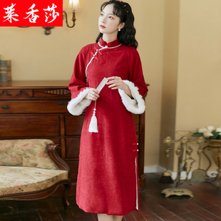 秋冬加绒加厚长袖旗袍裙中国风红色唐装拜年服礼服改良版连衣裙女