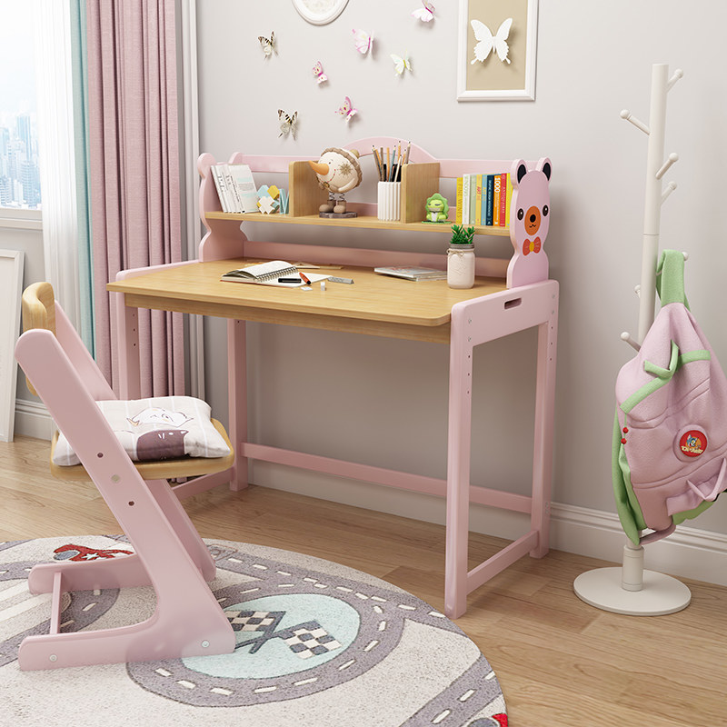 儿童书桌学习桌可升降简易写字桌椅套装简约台家用粉色实木小学生