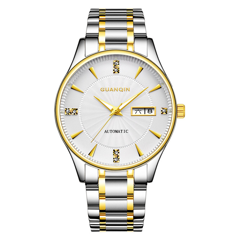 新款冠琴钢带瑞士全自动机械手表品牌男商务夜光日历精钢国产腕表