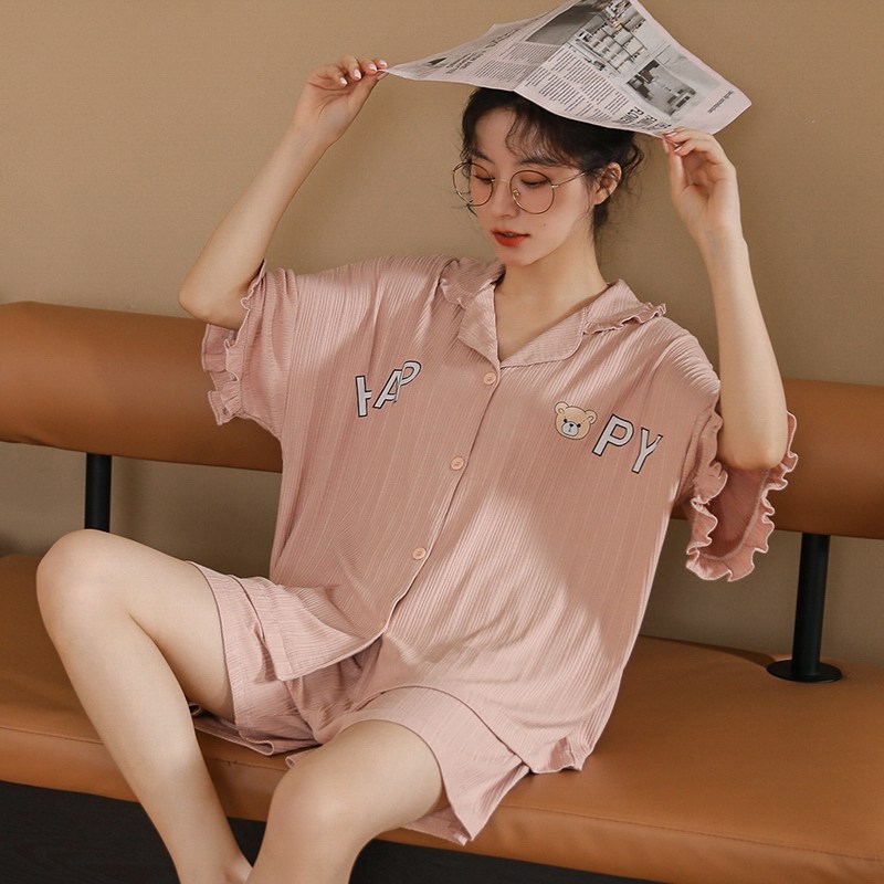 针织棉少女学生睡衣夏装可外穿卡通小翻领开衫家居服短袖短裤甜美