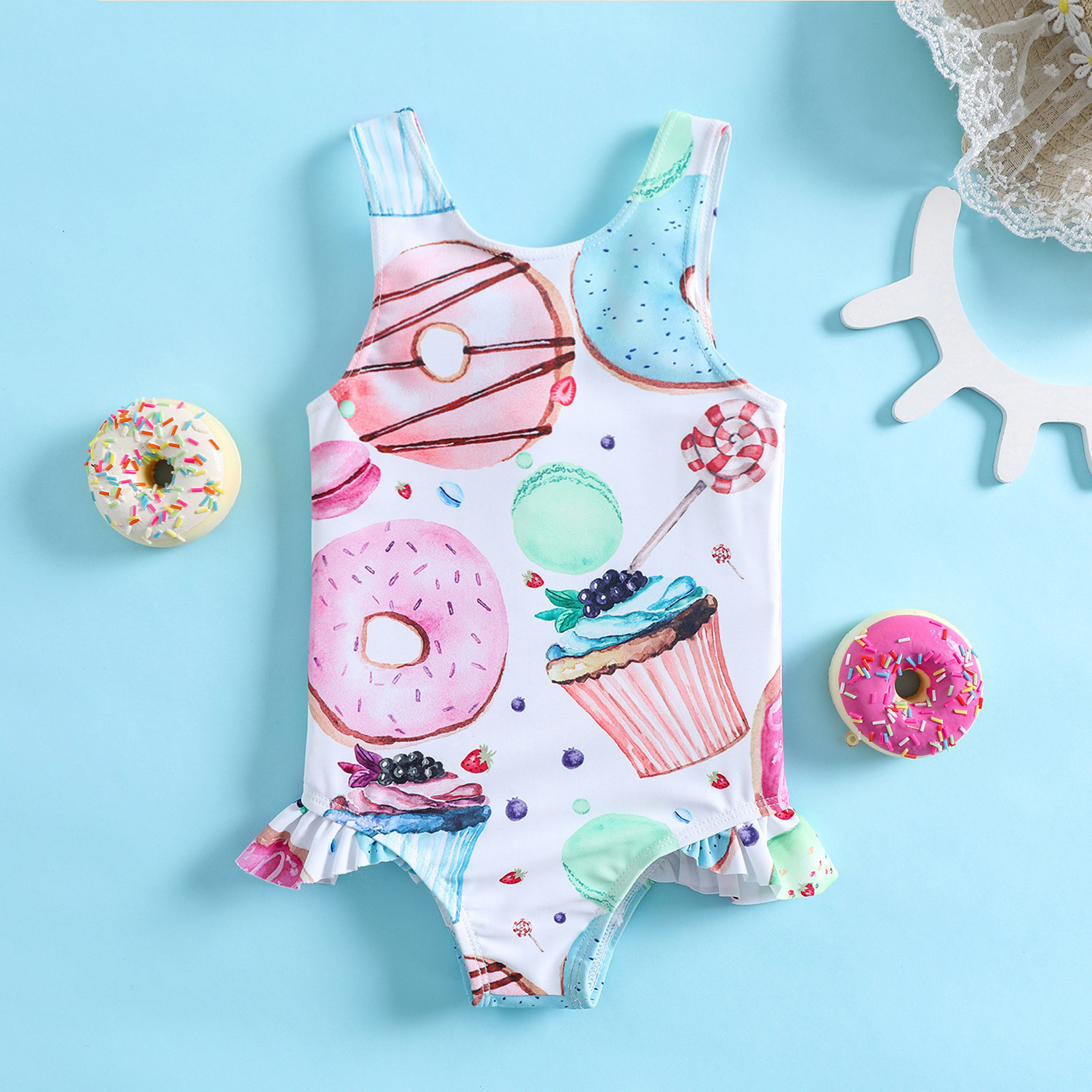 夏季婴儿泳装 创意甜甜圈棒棒糖印花 女童女宝宝温泉沙滩游泳衣