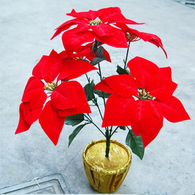 圣诞花盆栽假红花塑料花节庆仿真花大红圣诞树装饰摆放银蓝红金花