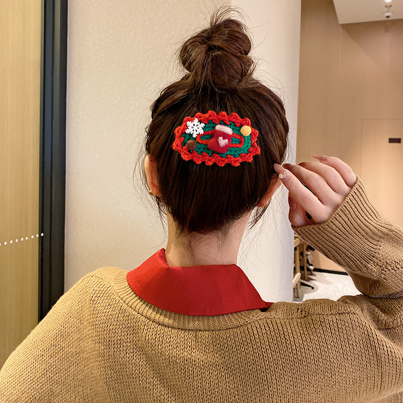 新年红色毛线手工编织发夹丸子头盘发夹子后脑勺横夹少女刘海边夹