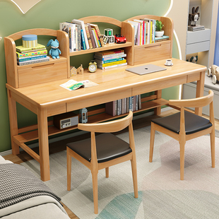 实木书桌书架一体双人并排初中生学习桌家用简易电脑桌卧室床边桌