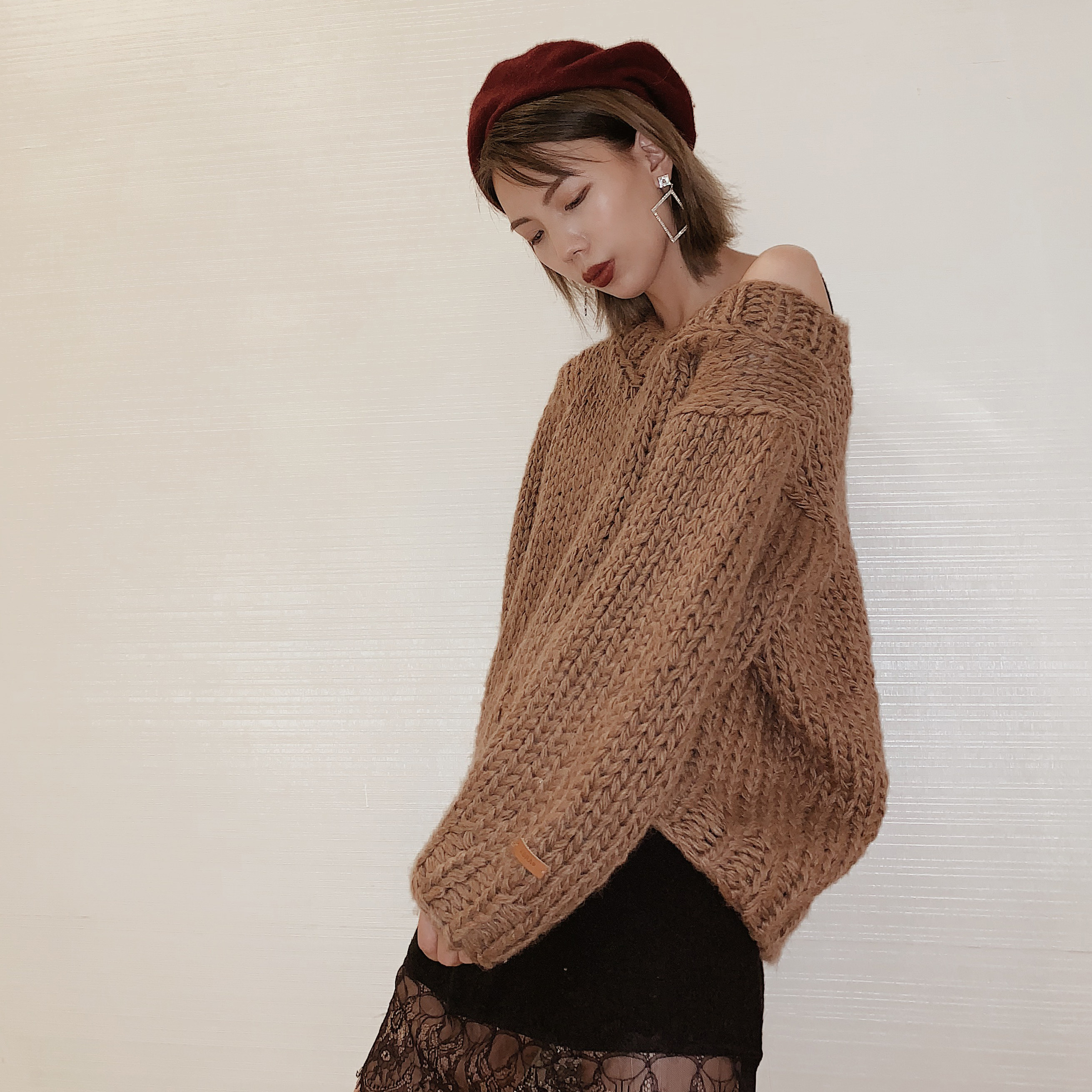 元旦v领焦糖色毛衣_nicewear 焦糖色手工粗棒针毛衣气质v领宽松上衣