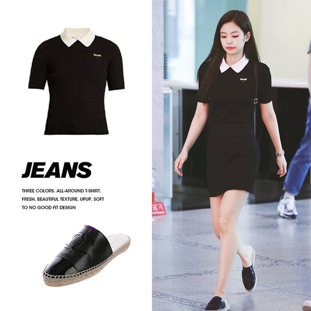 韩国jennie金智妮明星同款短袖t恤夏上衣针织修身刺绣翻领polo衫