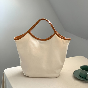 拼色帆布手提包便携实用大容量购物袋小众设计磁扣菜篮子水桶包女