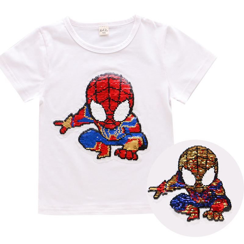 男童短袖t恤纯棉夏季儿童亮片变色衣服可变图案蜘蛛侠白色上衣薄