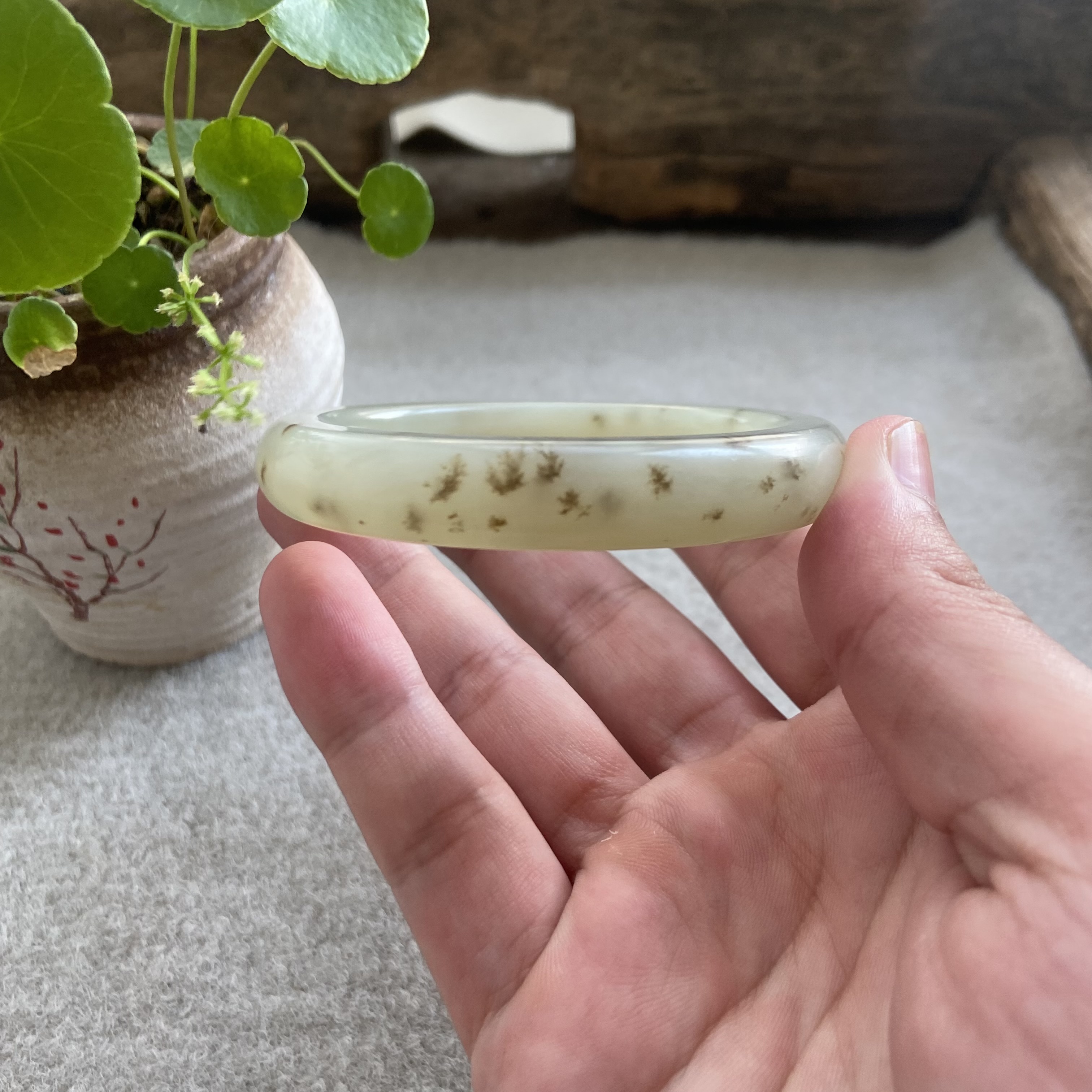 天然和田玉晴水桂花糕手镯湖水绿女款珠宝玉石草花玉镯送证书礼盒