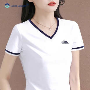 短袖t恤女夏季新款V领白色正肩上衣时尚宽松洋气高端半袖体恤衫