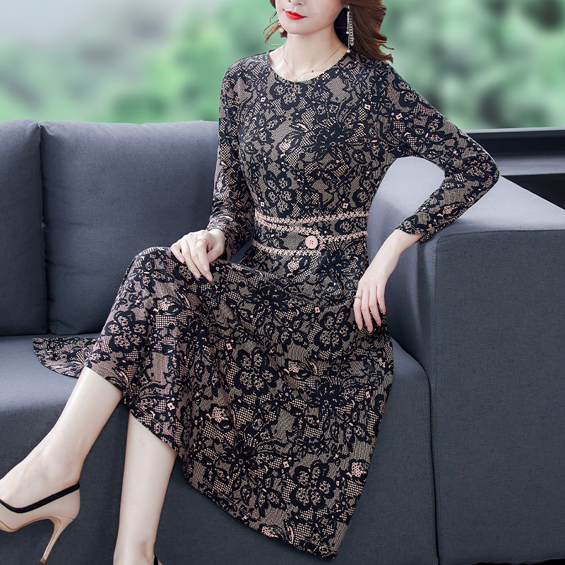 长袖连衣裙女秋季2020新款轻熟风抽象印花系带收腰中长款裙