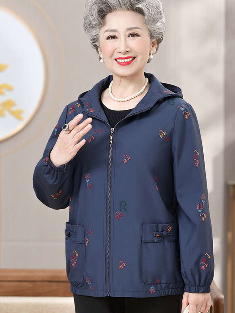 奶奶秋装连帽风衣外套高贵60岁70中老年人女老人衣服妈妈洋气夹克