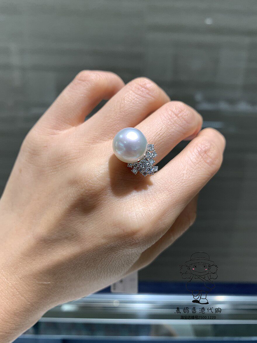 香港mikimoto御木本18k白金镶钻豪华钻石南洋大白珍珠戒指12.2mm