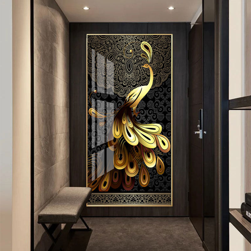 孔雀入户玄关画招财风水现代简约书房走廊墙壁装饰画轻奢竖版挂画