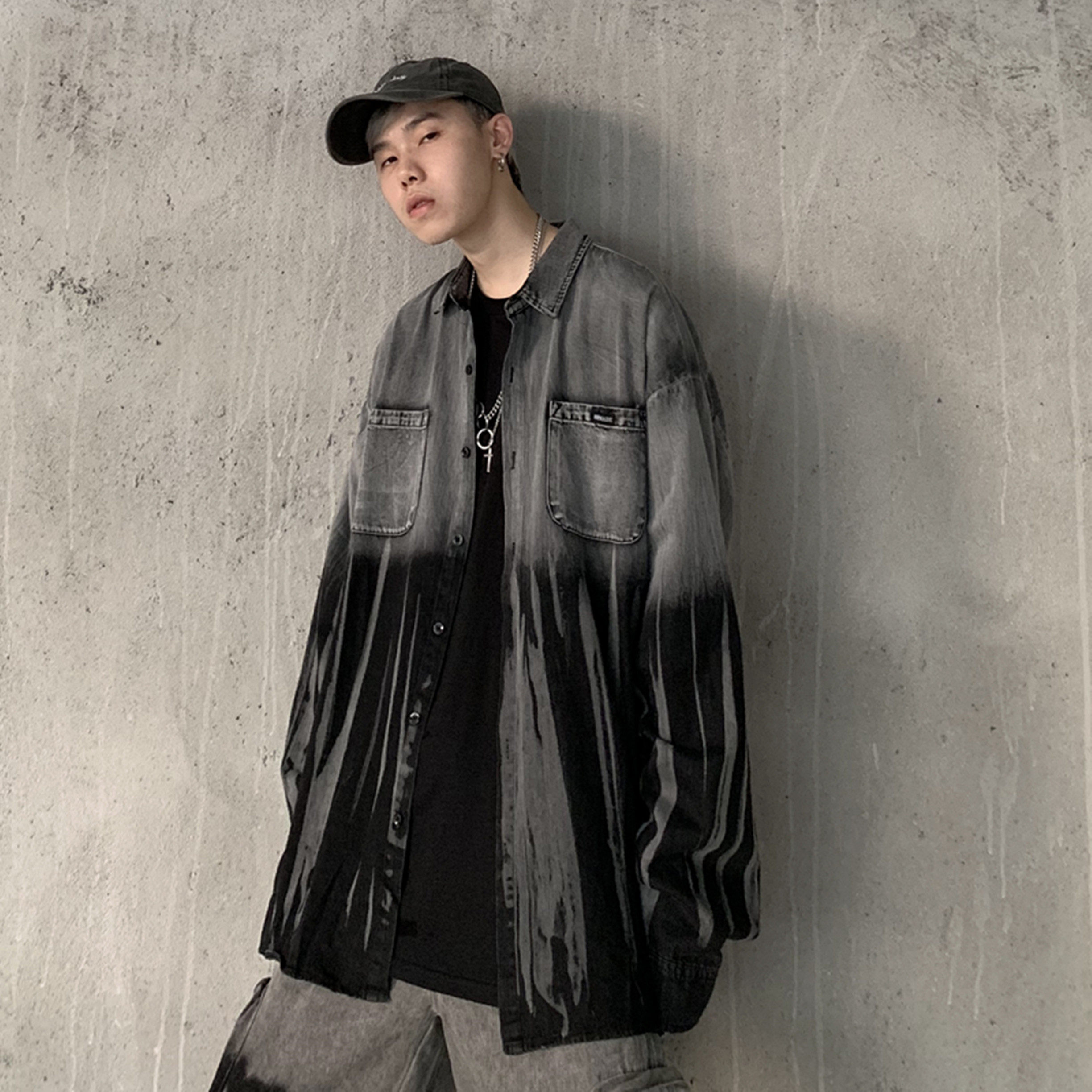 牛仔黑色衬衫男_匪帮gofb高街渐变扎染水洗做旧牛仔外套old school