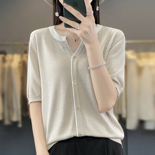 冰丝针织衫女短袖夏季亚麻开衫半袖今年流行的薄款天丝亮丝T恤衫