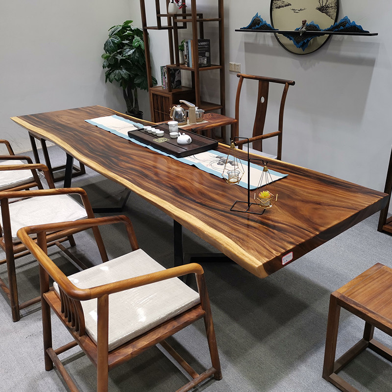 胡桃木大板茶桌新中式实木南美原木老板办公桌茶板茶台会议桌1米8