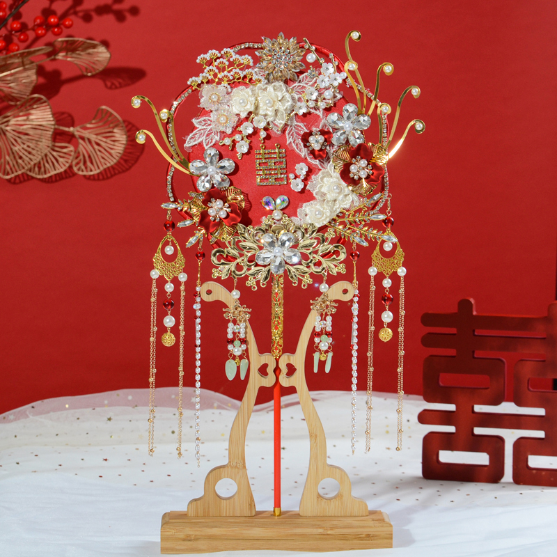 新娘结婚喜扇23冬季新款红色双面重工diy材料包婚礼饰品蕾丝团扇