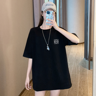 韩国中长款纯棉黑色短袖t恤女2023夏季新款宽松大码半袖女潮上衣