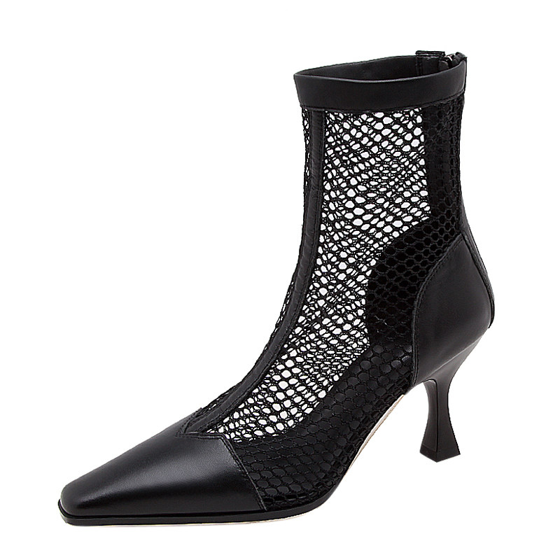 尖头网纱短靴女夏季网红透气高跟镂空靴子细跟网靴真皮凉靴瘦瘦靴