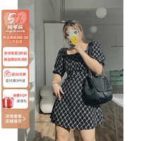 LTGIRL法式复古赫本风方领收腰显瘦短裙小个子泡泡袖提花连衣裙女