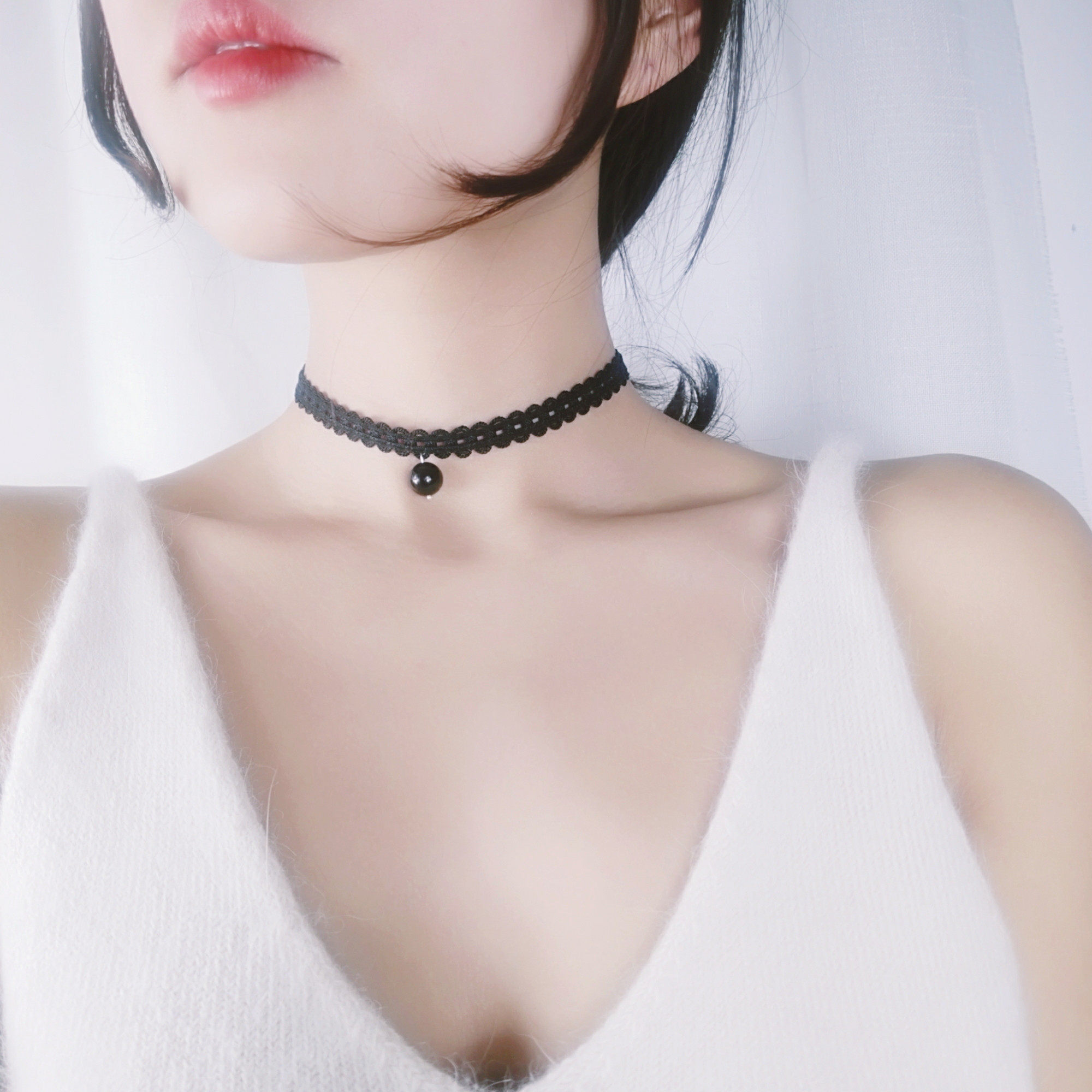 新款纯银黑色蕾丝锁骨链女颈带项圈少女韩国脖子饰品气质choker仙