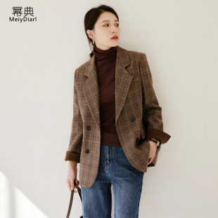 毛呢外套女2021年新款秋冬西装复古格子加厚呢子短款小个子大衣