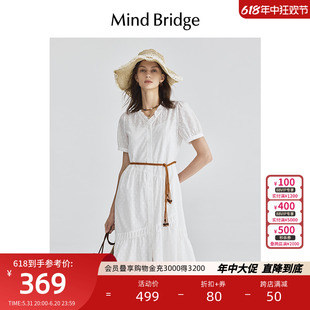 Mind Bridge女士短袖连衣裙2024新款白色V领中长裙夏季度假风裙子