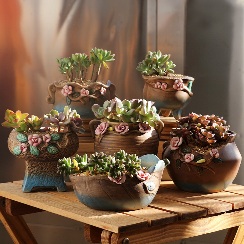 铂玉韩式手绘多肉花盆创意粗陶透气肉肉绿植物陶瓷花盆小老桩盆器