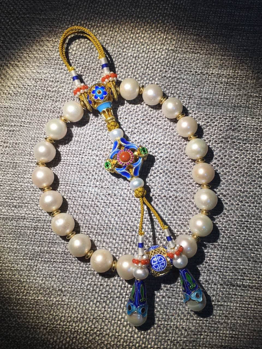 珍珠宫廷十八子压襟 银镀金烧蓝配饰 手串手持挂饰aa07149