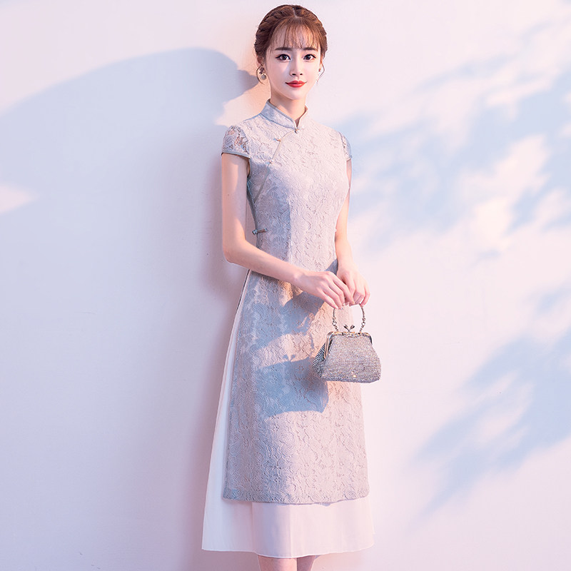 旗袍式连衣裙女2019夏款祺袍优雅低领气质改良版中国风年轻款少女