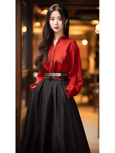 今年流行爆款高级感新中式国风气质红色上衣黑色半身裙两件套装女
