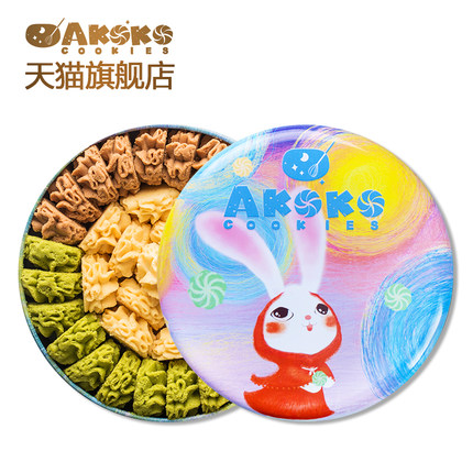 AKOKO曲奇饼干铁盒烘焙甜品好吃的高颜值休闲零食 五彩兔款560g