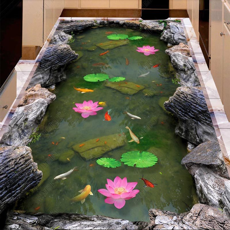 特价阳台砖_3d浴室地板砖防滑瓷砖荷塘鲤鱼石头地画地板画洗手间厨房