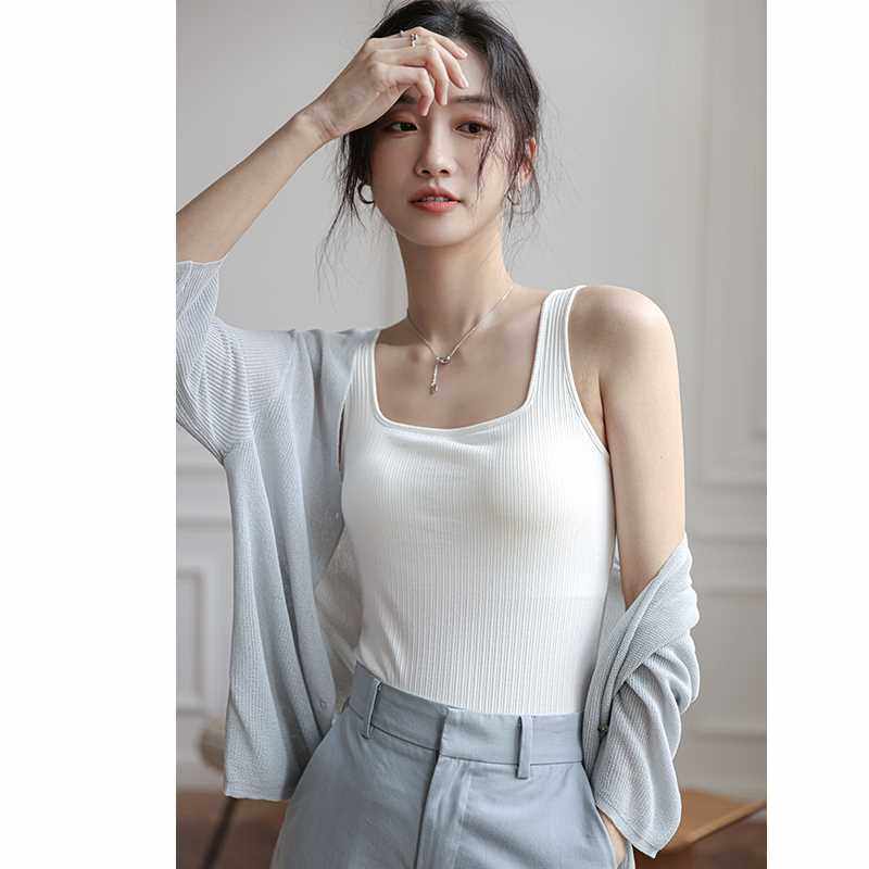 吊带背心女夏带胸垫内搭罩杯一体式紧身方领外穿白色打底针织上衣