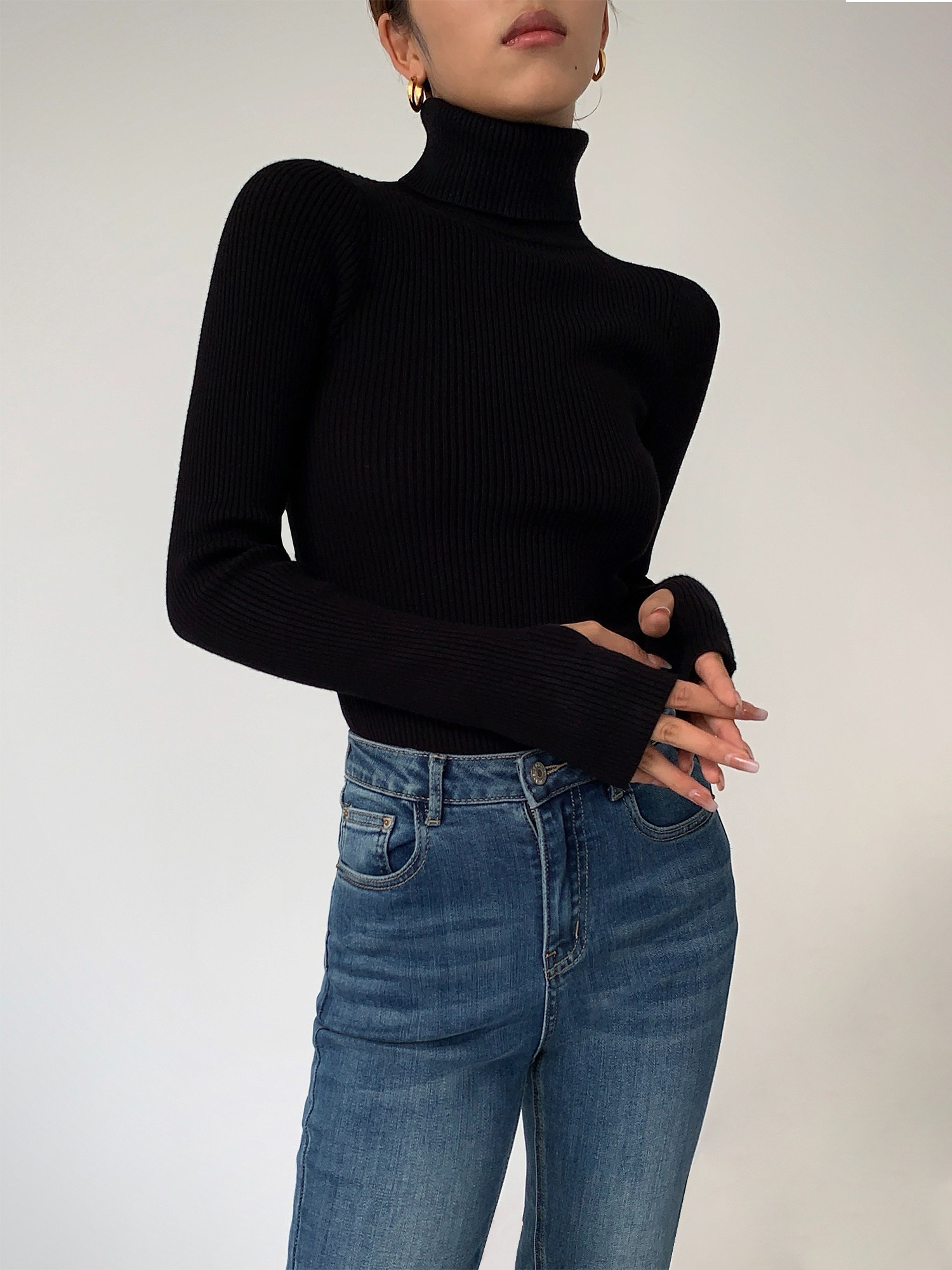 huyifan黑色高领紧身针织打底衫女2022新款韩版长袖毛衣内搭上衣