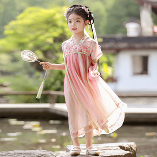 汉服女童夏季2024新款套装粉色儿童古装超仙古风襦裙女宝改良短袖
