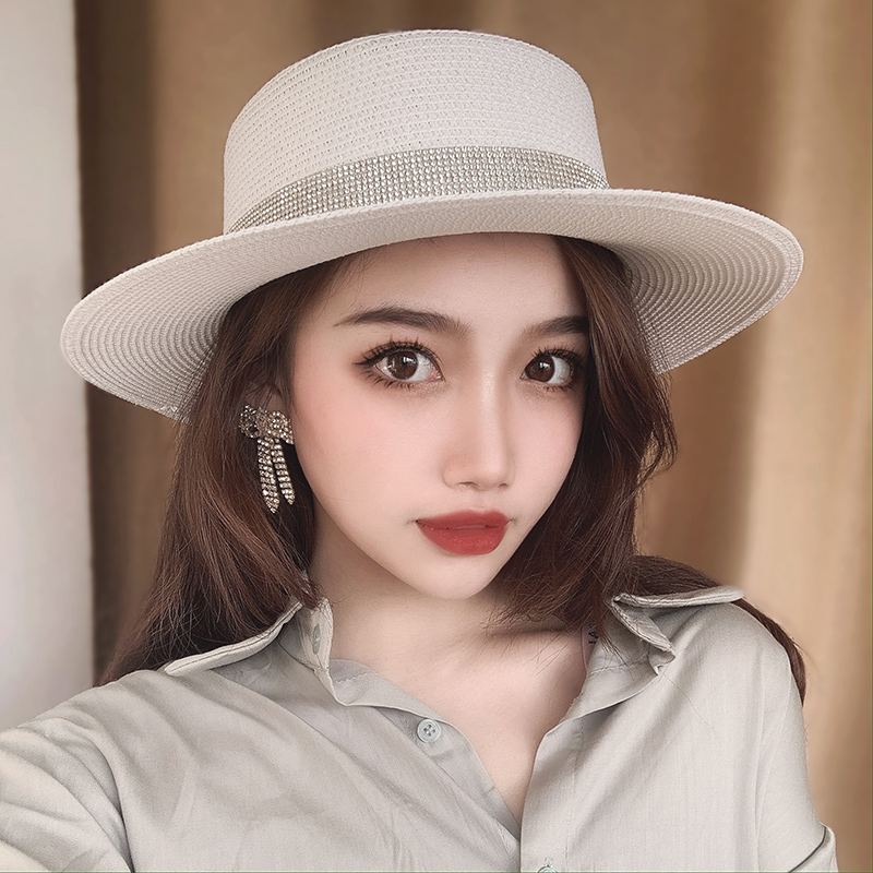 水钻平顶草帽帽子女沙滩出游帽时尚宽檐韩版防紫外线百搭防晒遮脸