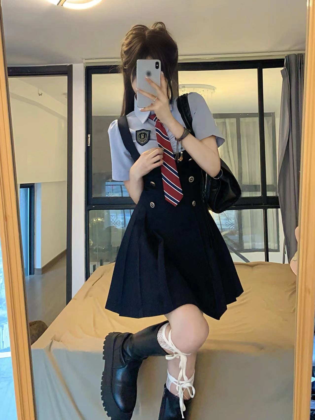 实拍现货 江原女高jk制服学院风显瘦收腰短袖衬衫绀色连衣裙套装