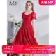 艾丽丝2024夏季新款女装公主裙网纱绣花方领新年红色中长款连衣裙
