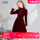 艾丽丝2023冬季新款复古丝绒红色新年连衣裙气质公主风中长款女裙