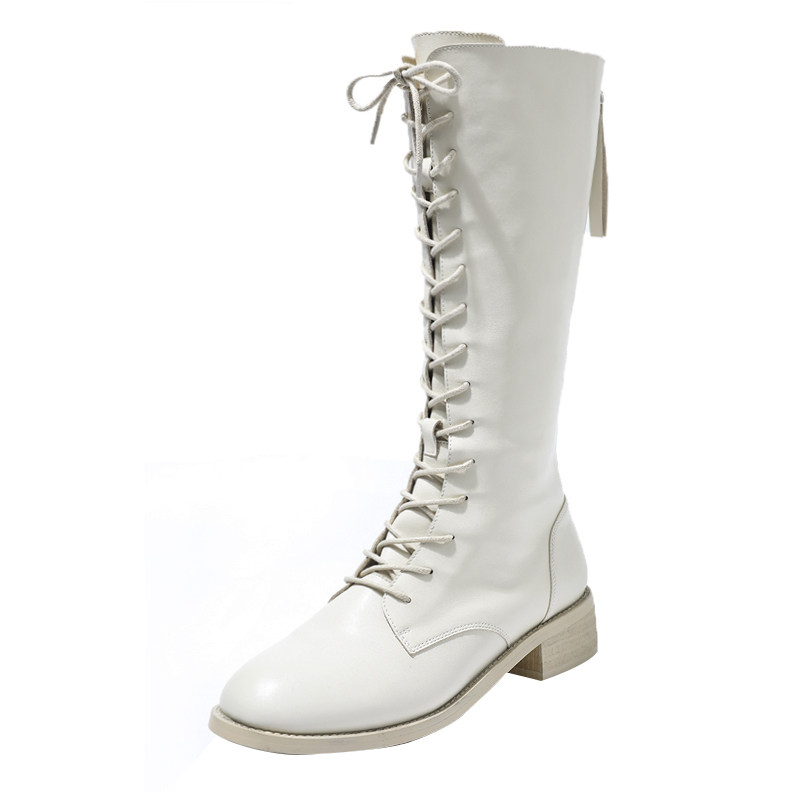 清仓长靴女绑带chic及膝靴前系带中高筒靴马丁长靴骑士白色女靴子
